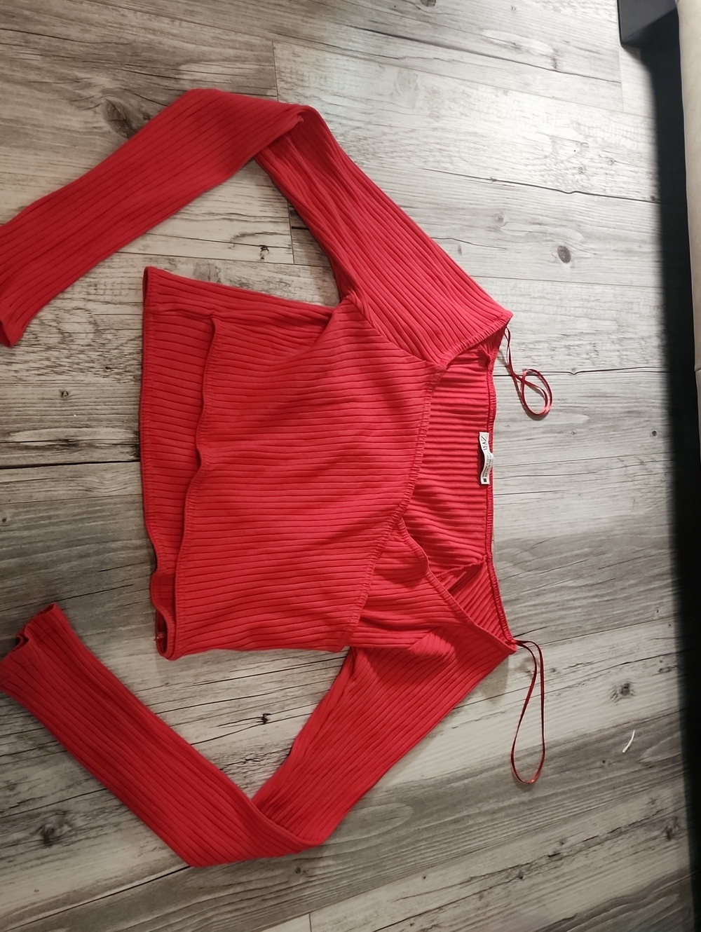 Zara Red Ribbed Square-Neck Long Sleeve Top
